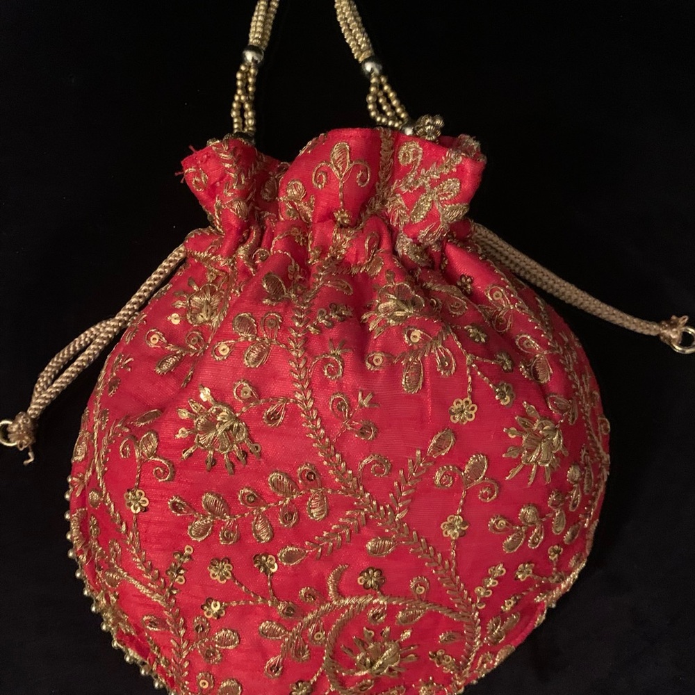 Elegant Red Embroidered Drawstring Bag